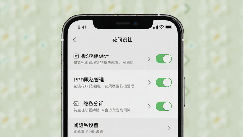 一张展示花间爱手机端设置界面的示意图,画面主体是手机屏幕上的权限管理与隐私设置页面,布局为分组列表,风格浅灰质感,细节有开关按钮、箭头图标与提示文字,画质高清,干净,无多余元素