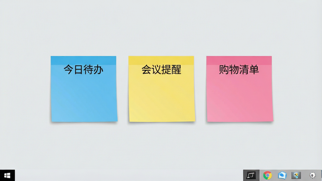 一张Windows电脑桌面截图,画面中央排列着三张彩色便签纸,分别用蓝色、黄色、粉色区分不同类别,便签上写着“今日待办”“会议提醒”“购物清单”等中文文字,桌面背景为简洁的浅灰色,右下角有软件托盘图标,整体风格干净清爽,画质清晰,无多余元素