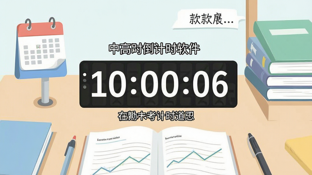 一张以中高考倒计时软件为主题的桌面截图插画,画面中央是清晰的数字倒计时显示,背景为整洁的书桌与课本,整体风格清新简约,布局居中,排版突出倒计时数字,细节包含日历图标和励志标语,画质清晰干净,无多余元素