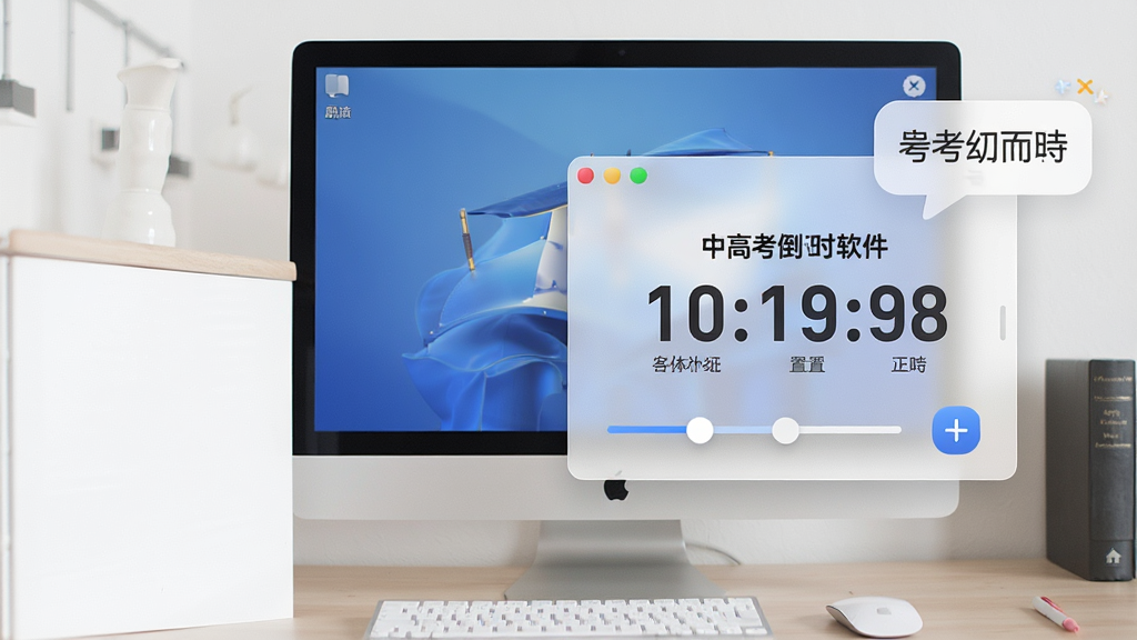 一张中高考倒计时软件功能展示图,画面中倒计时窗口以半透明悬浮形式出现在电脑桌面右侧,旁边有励志文字气泡,布局为左右分栏,风格为现代简约,细节包含透明度滑块和置顶按钮图标,画质高清,画面干净整洁