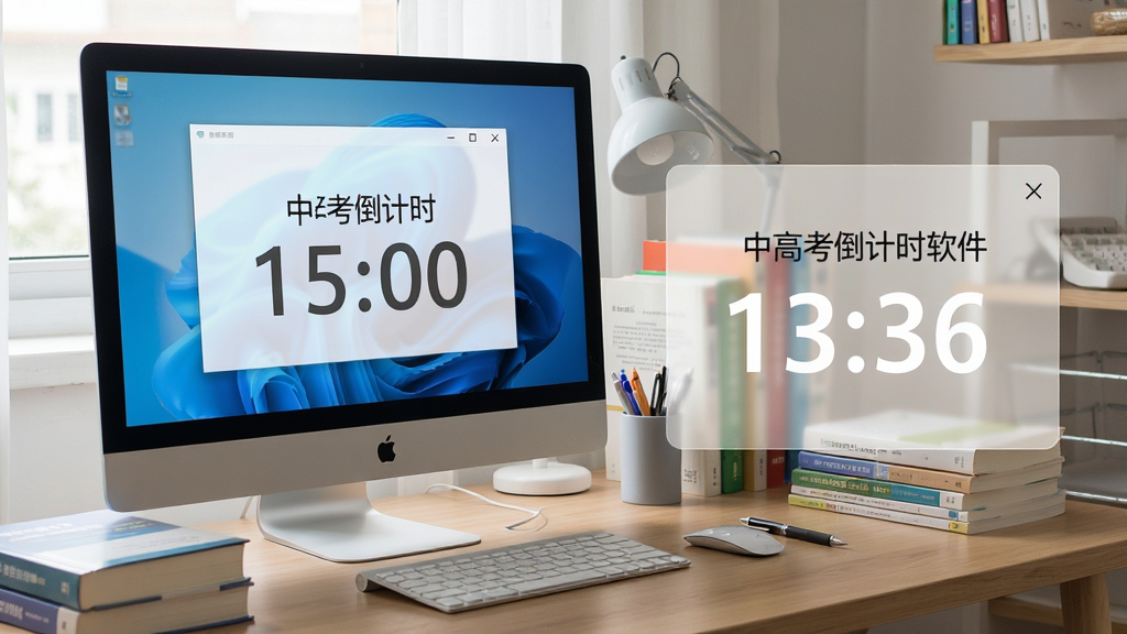 一张中高考倒计时软件使用场景示意图,画面展示电脑桌面上倒计时窗口与学习资料并排显示,布局为左右结构,风格为真实办公学习场景,细节包含书本、笔和半透明倒计时面板,画质清晰自然,画面干净无多余元素