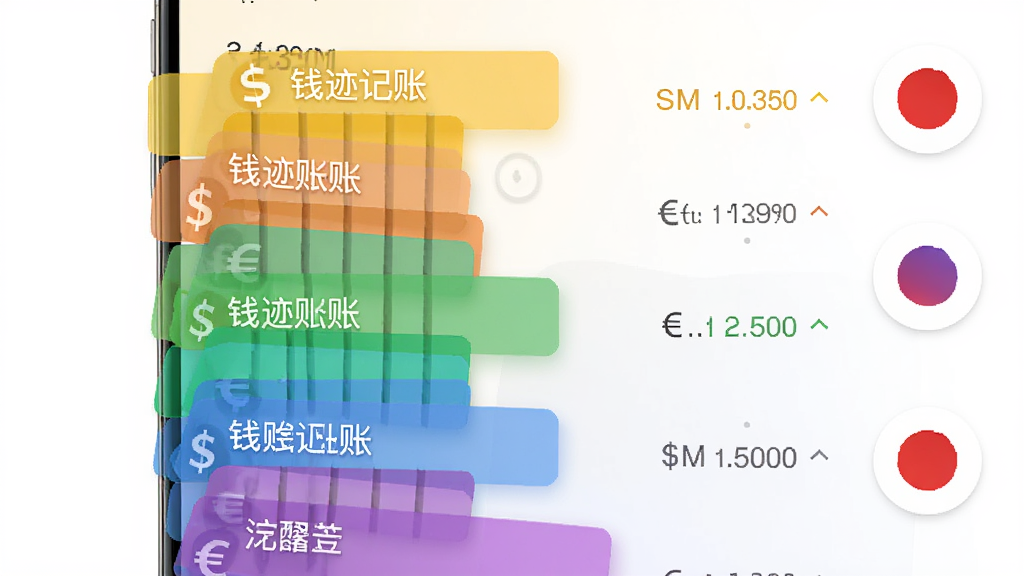 钱迹记账多账本切换界面,展示多个彩色标签页代表不同账本,旁边有货币符号如美元、欧元、日元图标,界面布局清晰,风格商务简约,细节包括汇率换算小箭头,画质高清,无杂乱元素