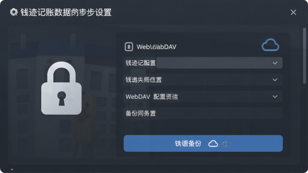 钱迹记账数据同步设置界面,展示WebDAV配置选项与备份按钮,界面风格安全稳重,细节包括加密锁图标与云朵图标,布局简洁,画质清晰,无冗余元素