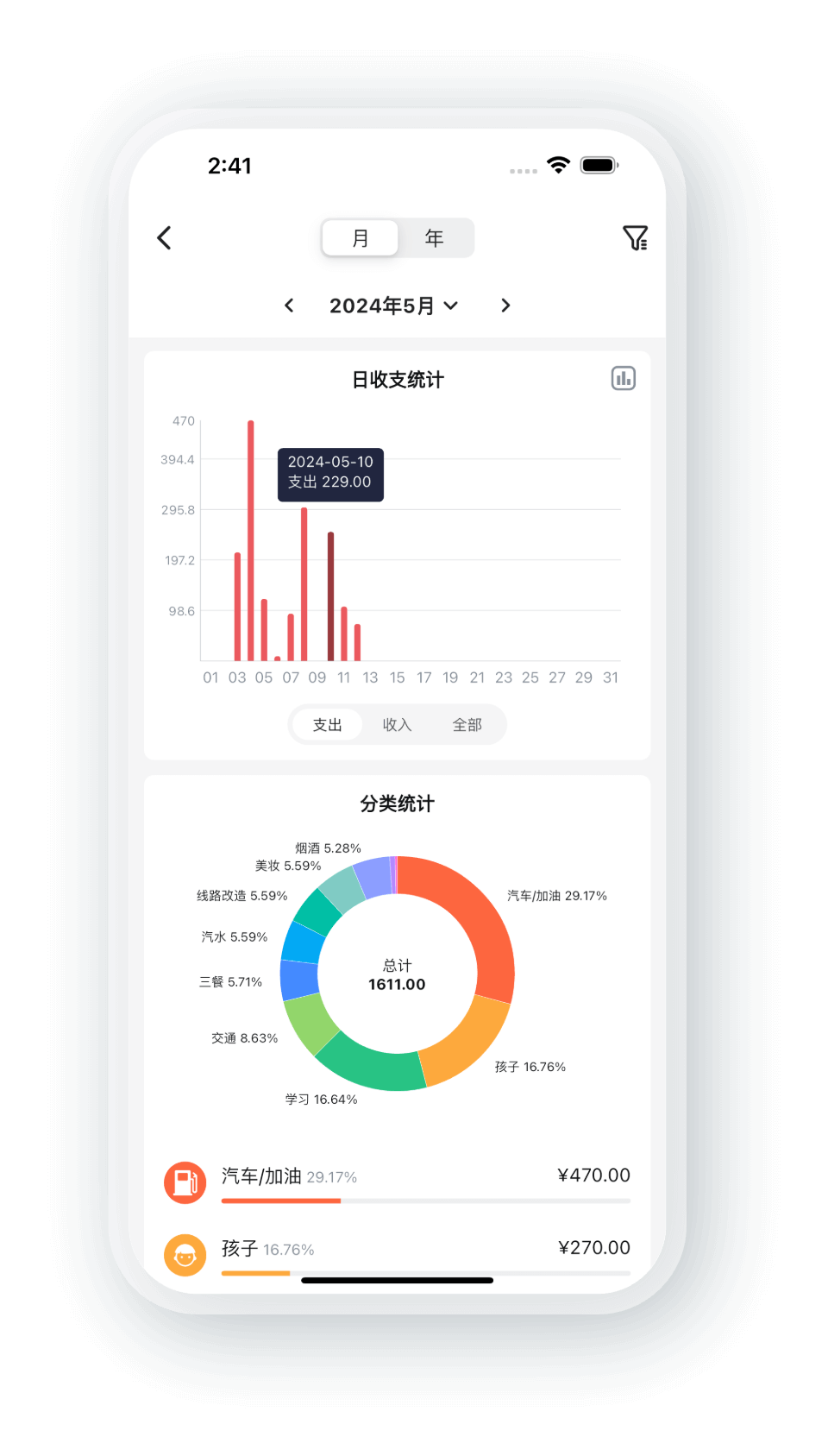 钱迹记账安卓版统计图表界面