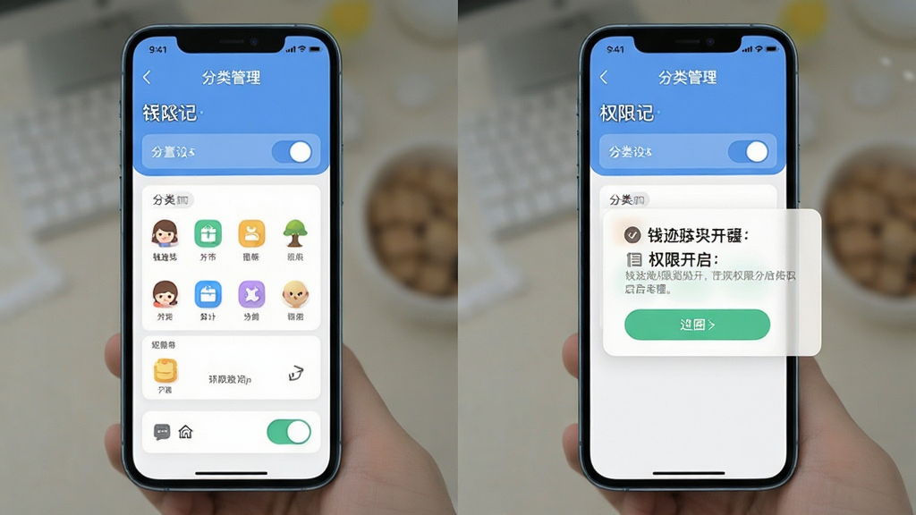钱迹记账新手设置引导页面,手机屏幕显示分类管理界面与权限开启提示,界面风格友好清晰,细节包括开关按钮与分类图标,画质干净,无多余元素