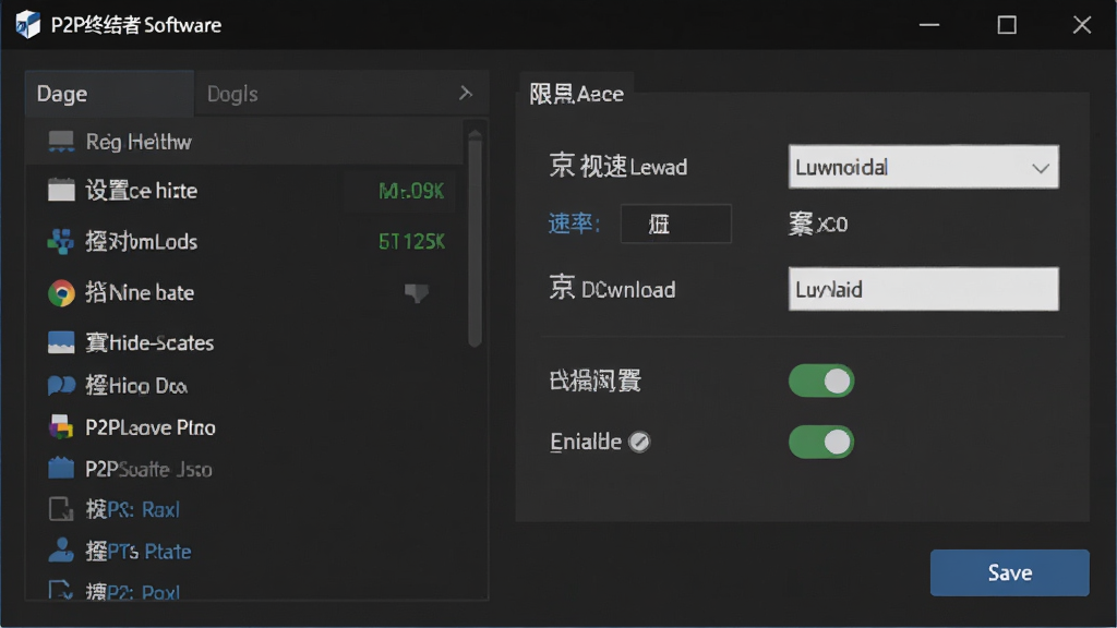 一张展示P2P终结者软件规则配置界面的图片,画面中是一个深色主题的软件窗口,左侧为设备列表,右侧为限速参数设置区域,包含上传下载速率输入框、启用开关和保存按钮,界面布局规整,字体清晰,背景为纯色无杂乱元素,整体风格专业简洁,高分辨率画质