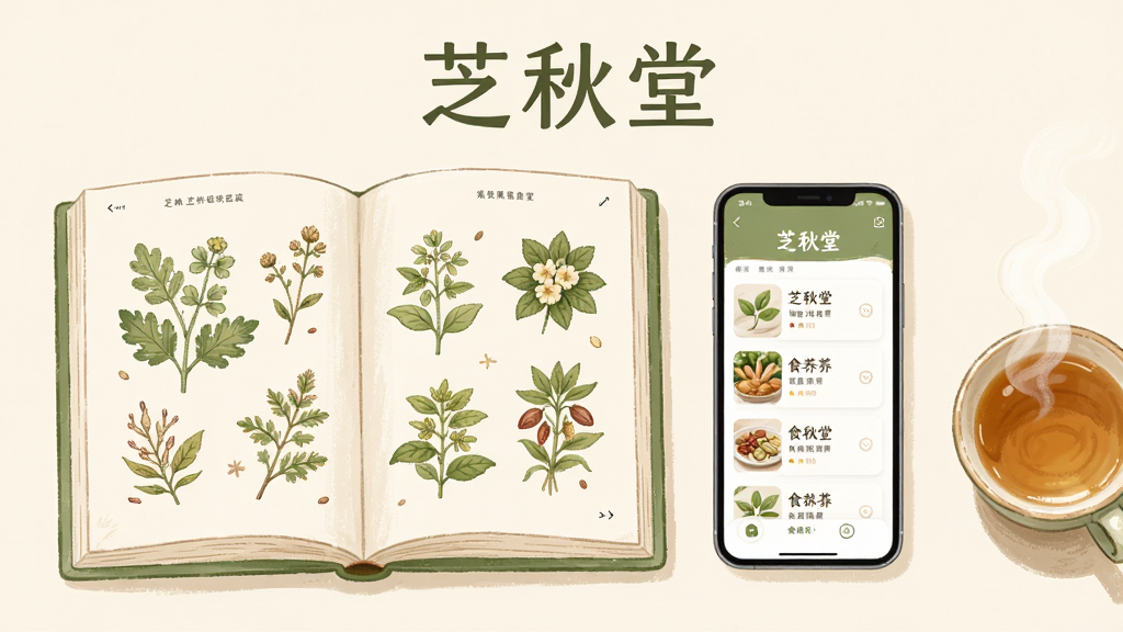 画面主体为一本展开的电子书与手机并排摆放,手机屏幕显示“芝秋堂”应用中的食养知识列表;布局为左右对称,左侧书本右侧手机;排版上方居中显示“芝秋堂”三个字;风格为清新自然的插画风格,色调以米白、浅绿、淡棕为主;细节上书本页面有草本植物插图,手机旁放着一杯热茶;画质清晰,干净,无多余元素