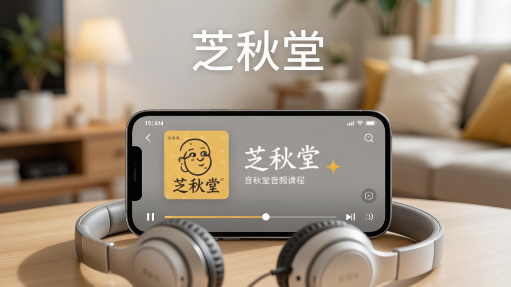 画面主体为一部手机横屏播放“芝秋堂”音频课程界面,旁边放着一副耳机;布局为手机居中,耳机环绕在手机下方;排版干净,上方留白处写“芝秋堂”文字;风格为温暖舒适的居家风格,色调以暖黄、浅灰、白色为主;细节上手机屏幕显示课程封面和播放进度条,背景有模糊的客厅元素;画质清晰,干净,无多余元素