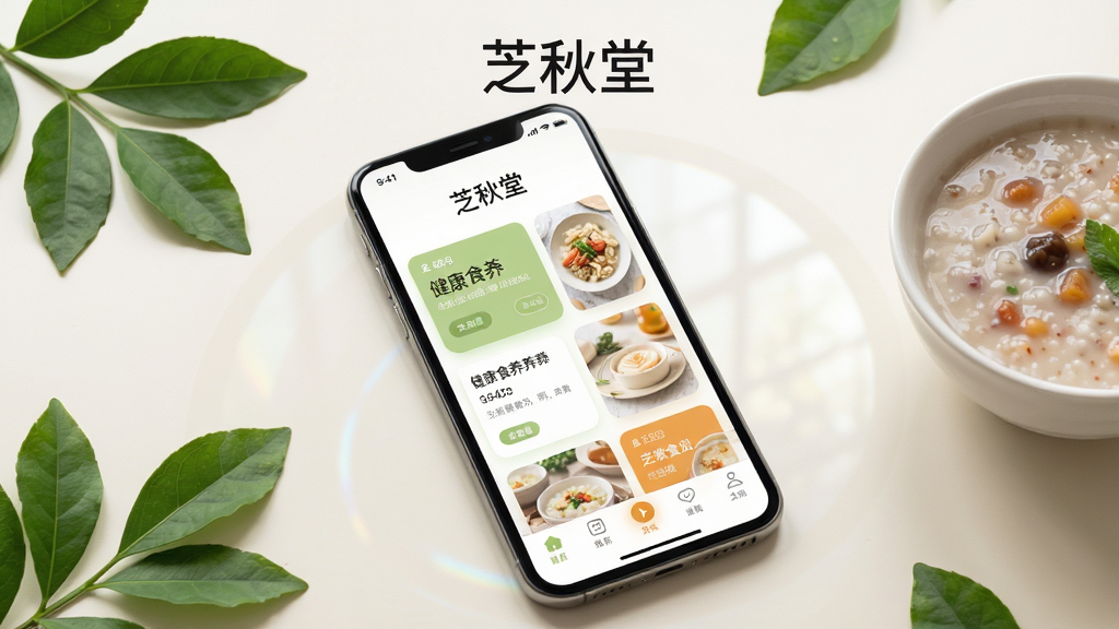 画面主体为一款智能手机,手机屏幕显示“芝秋堂”应用界面,界面中包含健康食养类图文卡片和底部导航栏;布局采用居中构图,手机略微倾斜,背景为干净浅色桌面;排版简洁,上方留白放置软件名称“芝秋堂”;风格为现代简约科技感,色调以白色、浅绿色和暖橙色为主;细节上屏幕有轻微反光,周围点缀几片绿叶和一碗养生粥;画质清晰,干净,无多余元素
