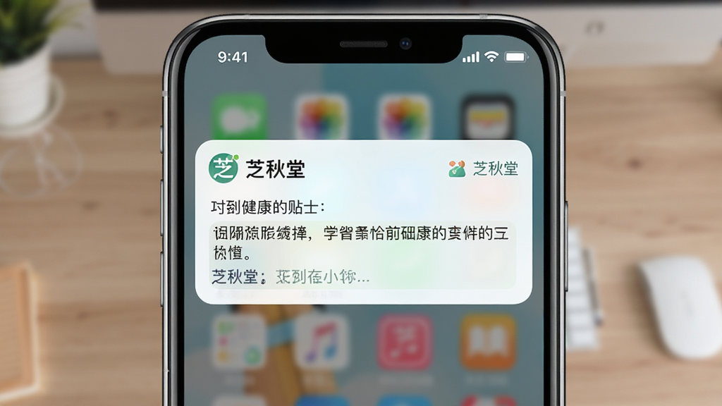 画面主体为手机屏幕弹出“芝秋堂”消息通知卡片,卡片上显示健康小贴士文字;布局为手机正面特写,通知卡片位于屏幕中央;排版简洁,顶部状态栏清晰;风格为现代扁平化设计,色调以白色、浅蓝、淡绿为主;细节上通知卡片带有小图标和“芝秋堂”标识,背景为模糊的桌面壁纸;画质清晰,干净,无多余元素