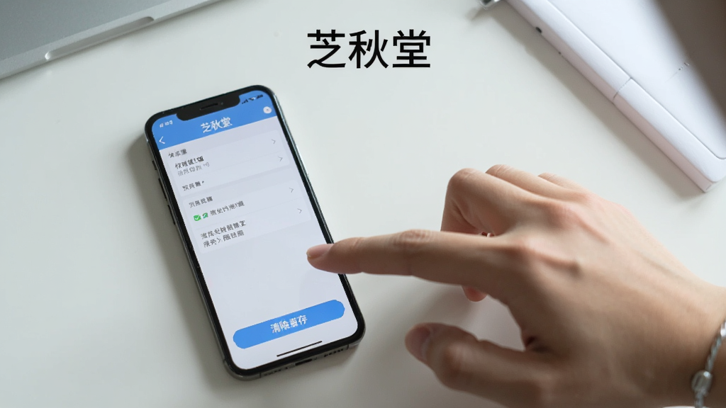 画面主体为一部手机显示“芝秋堂”应用设置界面,旁边有一只手正在点击屏幕;布局为手机居中偏左,手从右侧伸入;排版上方空白处标注“芝秋堂”文字;风格为写实生活化风格,色调以白色、浅灰、淡蓝为主;细节上手机屏幕显示权限管理列表和清除缓存按钮,背景为简洁桌面;画质清晰,干净,无多余元素