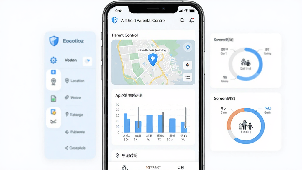 AirDroid Parental Control 软件主界面预览图,画面中央展示手机屏幕,屏幕上显示家长控制面板,包含位置地图、应用使用时长柱状图、屏幕时间圆环等模块,布局清晰,排版整齐,风格为现代科技感浅色UI,细节上带有盾牌与家庭图标,画质高清,画面干净,无多余元素。