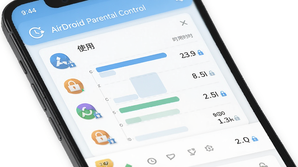 AirDroid Parental Control 应用使用时长管理界面,画面中手机屏幕显示应用列表与使用时长条形图,布局为左侧图标右侧时长,排版清晰,风格为清新浅色卡片式设计,细节包含时钟与锁形图标,画质高清,画面干净,无多余元素。