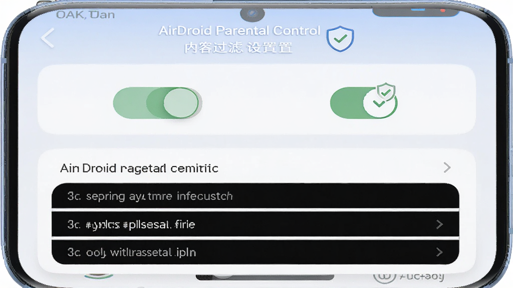 AirDroid Parental Control 内容过滤设置界面,画面展示手机屏幕上的开关按钮与网站黑名单列表,布局为上下结构,排版规整,风格为柔和圆角设计,细节包含盾牌与对勾图标,画质清晰,画面干净,无多余元素。