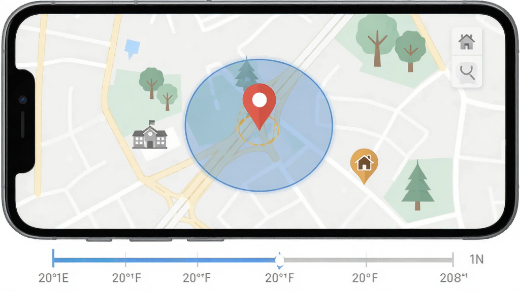 AirDroid Parental Control 实时定位功能展示图,画面主体为手机屏幕显示地图界面,地图上有定位图钉与活动范围圆圈,布局为上方地图下方时间轴,排版简洁,风格为扁平化地图设计,细节包含学校与家的图标标记,画质清晰,画面干净,无多余元素。