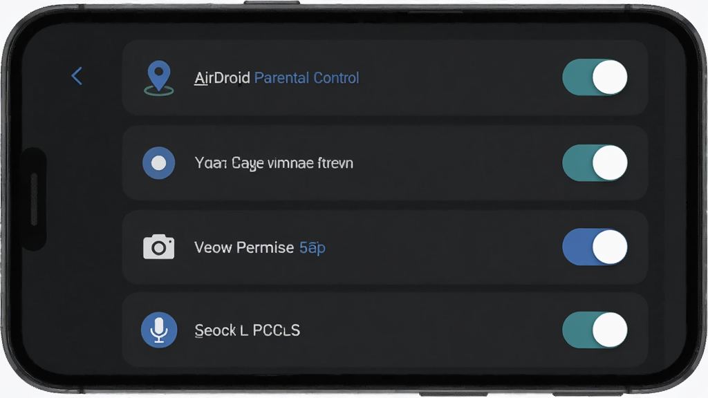 AirDroid Parental Control 权限设置引导界面,画面中手机屏幕显示权限列表与开关按钮,布局为垂直列表,排版清晰,风格为扁平化深色模式,细节包含定位、相机、麦克风图标,画质高清,画面干净,无多余元素。
