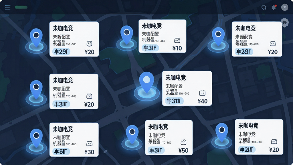 画面主体为一张数字地图界面,地图上散布着多个定位图标,每个图标旁标注“未咖电竞”网咖信息卡片,卡片内显示机器配置与价格标签,布局采用俯视视角的扁平化地图风格,排版清晰有序,风格为清新科技感,细节包含柔和的蓝色定位光圈与简洁的图标设计,画质高清,画面干净,无多余元素