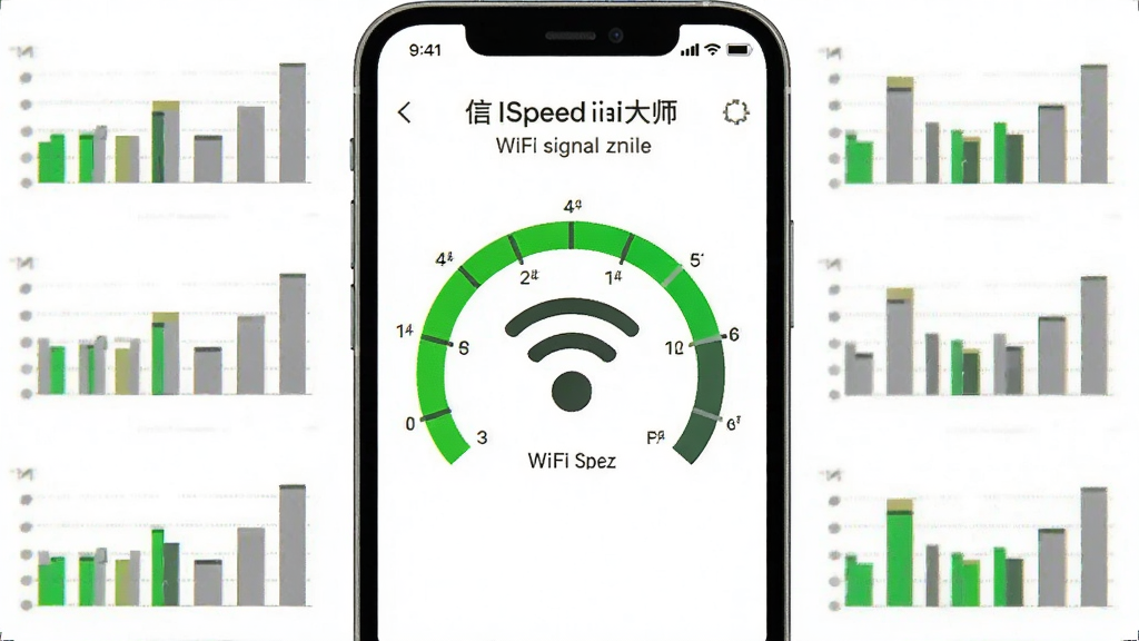 一张展示网速测试大师WiFi信号分析功能的图片,主体为手机屏幕显示WiFi信号强度弧形仪表,布局为仪表居中,周围环绕信道干扰柱状图,风格为清新浅色扁平设计,细节包括绿色信号弧线、灰色干扰柱、白色背景,画质清晰,画面干净,无多余元素