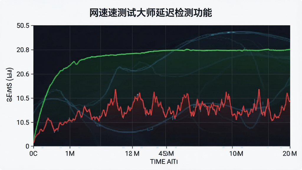 一张展示网速测试大师延迟检测功能的图片,主体为折线图显示网络延迟波动曲线,布局为图表占据画面中央,左侧标注毫秒刻度,下方标注时间轴,风格为科技数据可视化风格,细节包括绿色平稳曲线、红色波动曲线、深色网格背景,画质高清,画面干净,无多余元素