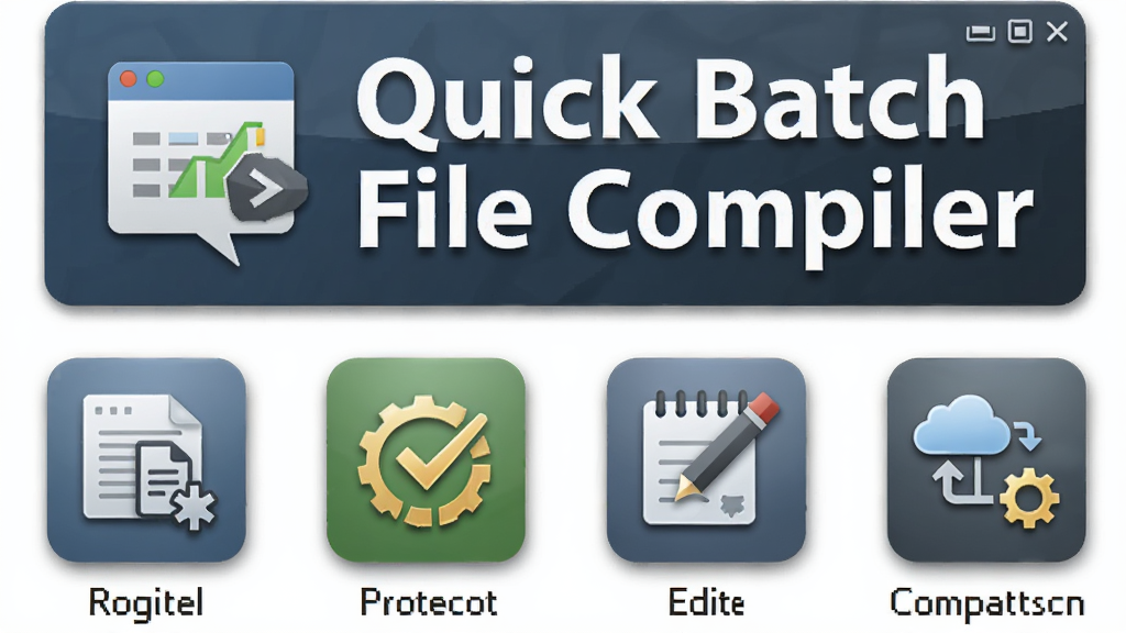 一张展示 Quick Batch File Compiler 功能特色的图片,主体为软件名称
