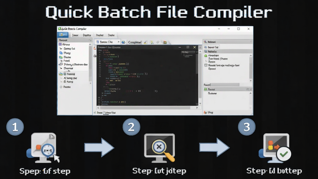 一张展示 Quick Batch File Compiler 使用技巧的图片,主体为软件界面截图与操作步骤标注,布局为分步流程图形式,上方是软件主界面,下方排列三个操作步骤图标,排版清晰有序,风格为教程说明风,细节包括步骤编号、箭头指示、文字标注,画质高清,干净,无多余元素