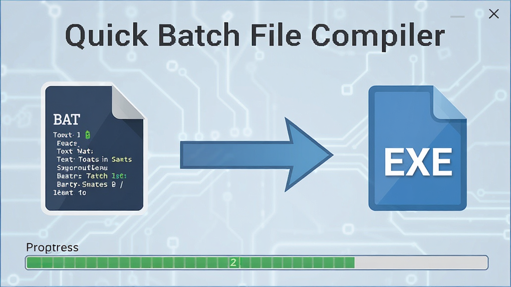 一张展示 Quick Batch File Compiler 编译过程的示意图,主体为软件名称