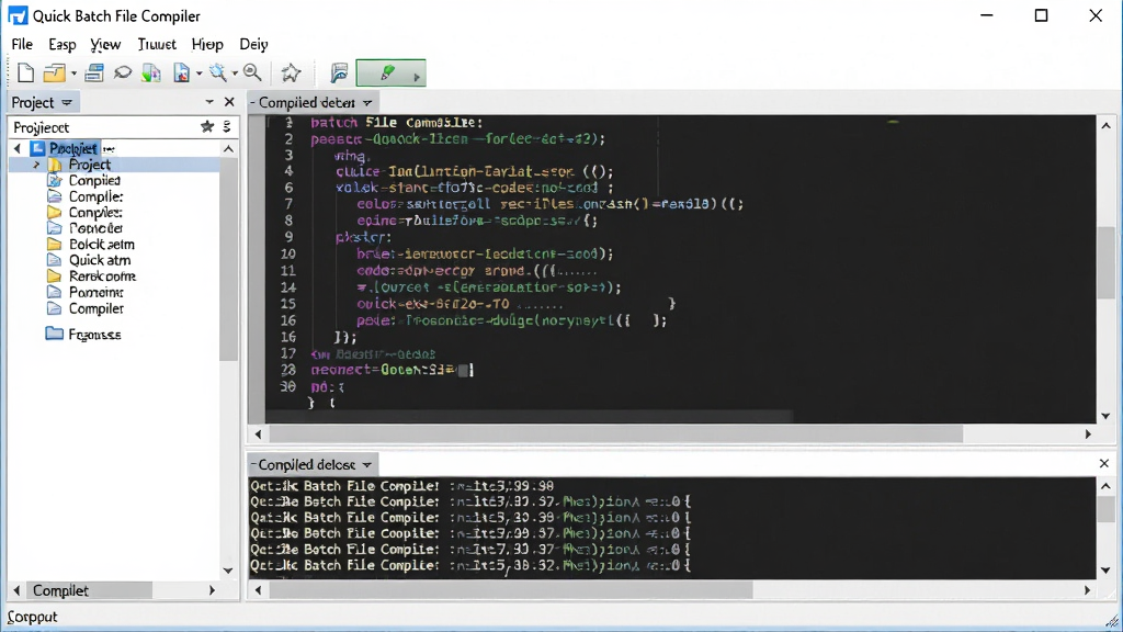 一张展示 Quick Batch File Compiler 软件界面的图片,主体为软件主窗口,布局中央是代码编辑区,左侧为项目文件列表,顶部为菜单工具栏,排版清晰整齐,风格为现代 Windows 桌面应用风格,细节包括代码高亮、编译按钮、输出日志面板,画质高清,干净,无多余元素