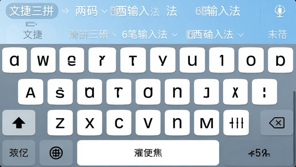 一张展示文捷三拼滑拼两码6笔输入法主界面的手机屏幕截图,画面中央是简洁的键盘布局,上方有候选字词栏,背景为淡蓝色渐变,键盘按键清晰,风格清新现代,画质干净,无多余元素