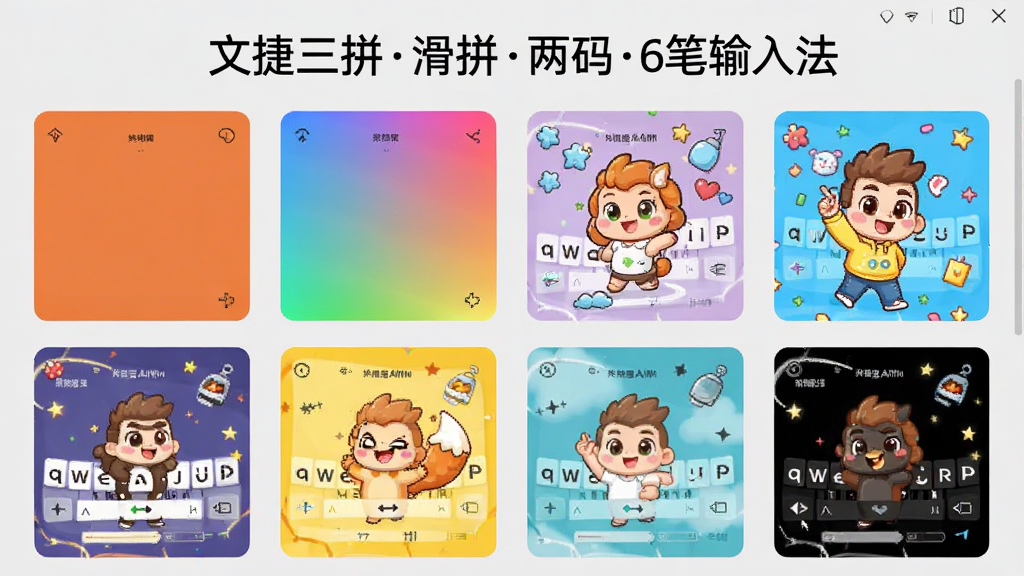 展示文捷三拼滑拼两码6笔输入法多款皮肤缩略图的界面,包含纯色、渐变、卡通等不同风格,排列成网格状,背景为浅灰色,风格清新,画质清晰,无多余元素