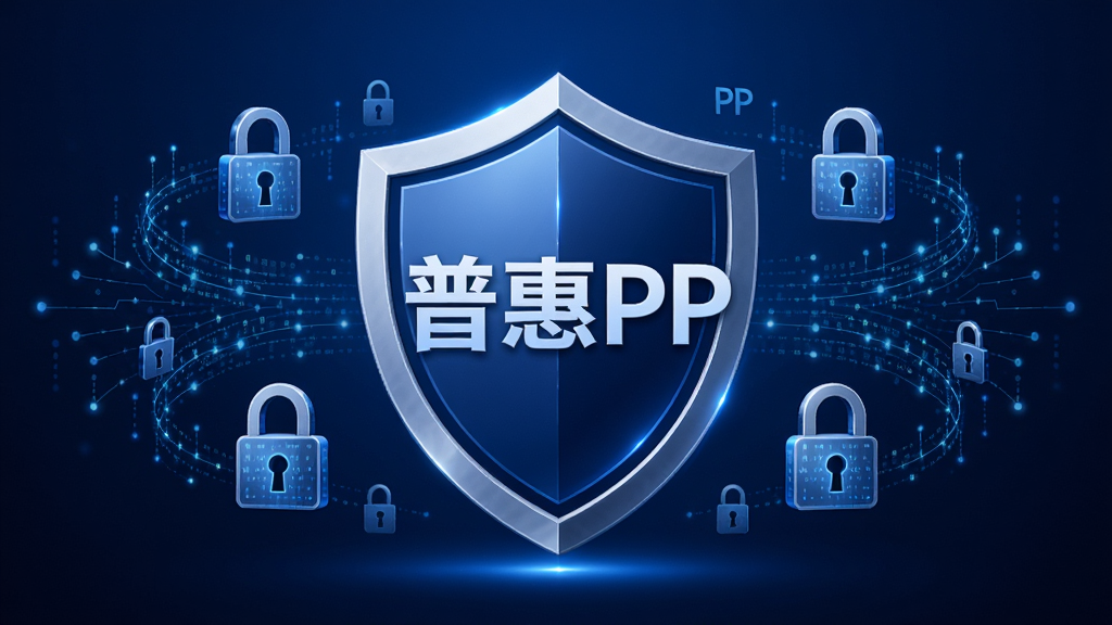 普惠PP数据安全防护主题图,画面中央是一个盾牌图标与
