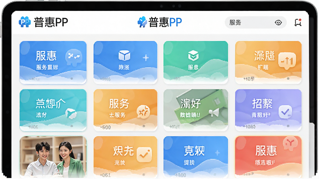 普惠PP一站式服务聚合界面,画面展示多个服务卡片整齐排列在软件面板中,每个卡片标注不同服务名称,顶部有