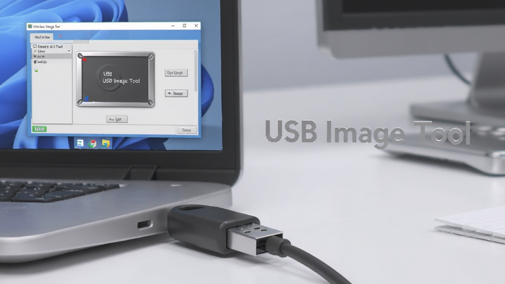一张展示USB Image Tool便携特性的图片,画面中一个U盘插在电脑上,屏幕上显示软件正在运行,旁边有