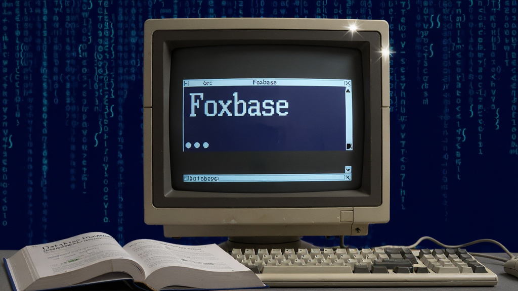一张以Foxbase软件为主题的科技风格图片,画面中央是一台老式CRT显示器,屏幕上显示着Foxbase经典的圆点命令提示符界面,屏幕下方摆放着一本翻开的数据库原理书籍,背景是深蓝色的代码瀑布流,整体布局为居中构图,风格偏向复古科技感,细节上显示器边缘有轻微的反光,键盘为机械键盘,画质清晰,画面干净,无多余元素。