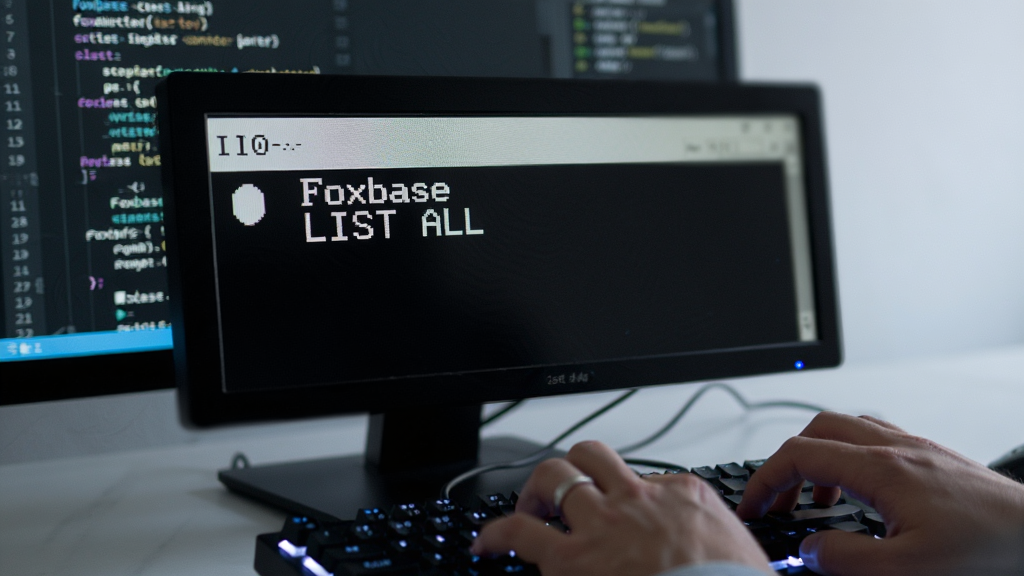 一张以Foxbase命令行为主题的特写图片,画面中央是放大的电脑屏幕,屏幕上清晰显示着Foxbase的圆点提示符和一行命令“LIST ALL”,屏幕下方是一双手正在敲击键盘,背景是模糊的代码编辑器,风格为现代简约,细节上屏幕像素点可见,键盘背光柔和,画质清晰,画面干净,无多余元素。