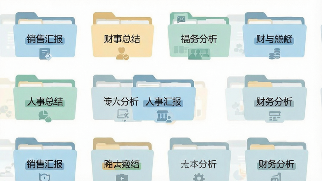 一张展示年终总结PPT模板多场景分类界面的图片,画面主体是整齐排列的文件夹图标,每个文件夹标注不同行业名称如“销售汇报”“人事总结”“财务分析”,文件夹采用扁平化设计,布局为网格状,风格为清新浅色,细节包括文件夹上的小图标和分类标签,画质清晰,干净,无多余元素
