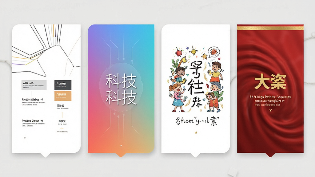 一张展示年终总结PPT模板设计风格多样性的图片,画面中并列展示四张不同风格的幻灯片页面,分别为极简线条、渐变科技、插画手绘和红金大气风格,布局为横向排列,风格为素雅极简,细节包括每张页面的配色方案和字体样式,画质清晰,干净,无多余元素