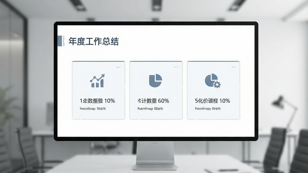 一张展示年终总结PPT模板简约风格页面的图片,画面主体是一张干净的幻灯片页面,白底蓝灰色调,左上角有标题文字“年度工作总结”,中间是三个并列的数据卡片,布局为上下结构,风格为素雅极简,细节包括细线条分割和简洁图标,画质清晰,干净,无多余元素