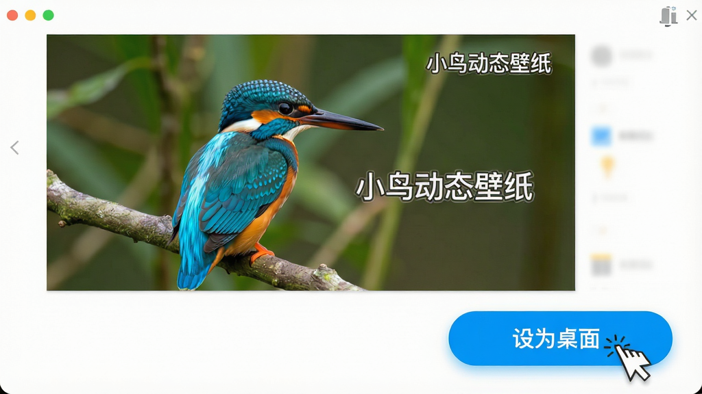 一张展示小鸟动态壁纸一键设置功能的操作示意图,主体为软件界面中壁纸预览区下方有一个醒目的“设为桌面”按钮,按钮呈高亮状态;布局为壁纸预览大图占据主要区域,按钮位于右下角;排版简洁;风格为扁平化设计风;细节为按钮旁有鼠标点击动画效果,壁纸画面为一只翠鸟立于枝头,画面中带有“小鸟动态壁纸”文字标识;画质为高清,干净,无多余元素