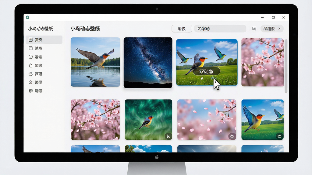 一张展示小鸟动态壁纸软件界面的全景图,主体为电脑屏幕显示软件主界面,屏幕上展示着多张动态壁纸缩略图,包括飞鸟掠过湖面、星空流转、樱花飘落等场景;布局为屏幕居中,软件界面干净整洁;排版为左侧分类导航栏,右侧壁纸预览区;风格为现代简约科技风;细节为界面中标注“小鸟动态壁纸”文字,壁纸缩略图色彩鲜艳,鼠标光标悬停在某张壁纸上显示预览按钮;画质为高清4K,干净,无多余元素