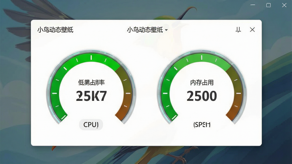 一张展示小鸟动态壁纸资源占用监控界面的示意图,主体为软件设置面板中的性能选项区域,显示CPU占用率和内存占用数值;布局为面板居中,数值以仪表盘形式展示;排版清晰;风格为科技数据风;细节为仪表盘显示低占用绿色区域,旁边标注“小鸟动态壁纸”文字,背景有淡淡的动态壁纸画面;画质为高清,干净,无多余元素