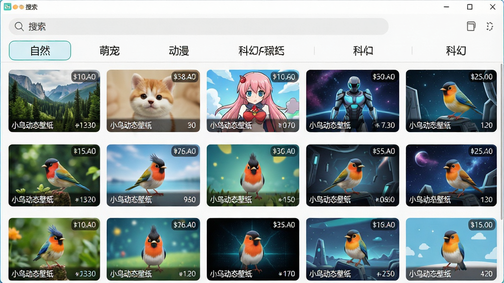 一张展示小鸟动态壁纸软件中壁纸分类库的界面截图,主体为软件窗口内呈现多个壁纸分类标签和缩略图网格;布局为顶部搜索栏,下方分类标签横向排列,再下方为壁纸缩略图矩阵;排版整齐有序;风格为清新明亮风;细节为分类标签包括“自然”“萌宠”“动漫”“科幻”等,缩略图下方标注“小鸟动态壁纸”水印,每张缩略图带有分辨率标签;画质为高清,干净,无多余元素