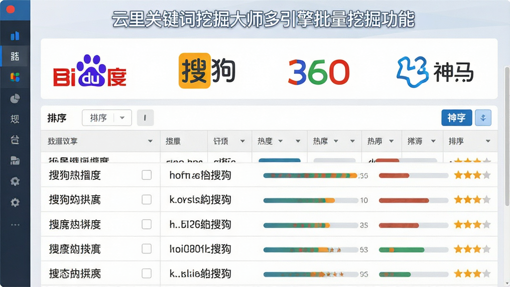 一张展示云里关键词挖掘大师多引擎批量挖掘功能的示意图,画面主体是软件界面中的关键词列表,列表上方有百度、搜狗、360、神马等引擎图标排列,下方是大量长尾关键词以表格形式呈现,部分关键词旁有热度进度条和星级标记,布局为上下结构,排版整齐,风格为扁平化商务科技风,细节包括引擎logo、数据条、排序按钮,画质高清,干净,无多余元素