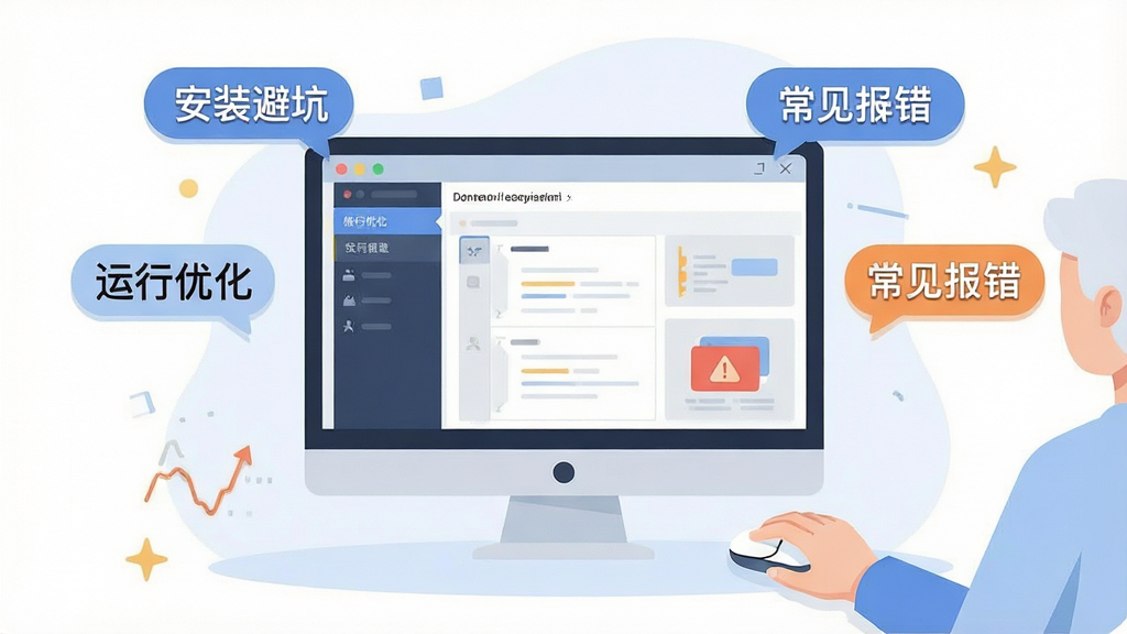 一张展示云里关键词挖掘大师使用技巧与问题解决场景的示意图,画面主体是电脑屏幕上的软件界面,旁边有用户手持鼠标操作,屏幕周围漂浮着