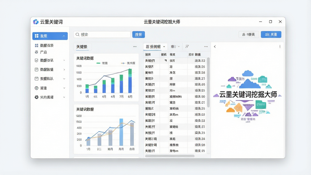 一张展示云里关键词挖掘大师软件界面的全景图,画面中央是软件主窗口,左侧为功能导航栏,右侧为关键词数据表格与云图展示区域,窗口内显示