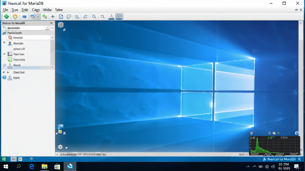 一张展示 Navicat for MariaDB 在Windows系统下运行状态的图片,主体是软件窗口和Windows任务栏,布局为全屏截图,排版自然,风格写实,细节有系统托盘图标和性能监控小工具,画质清晰,干净,无多余元素