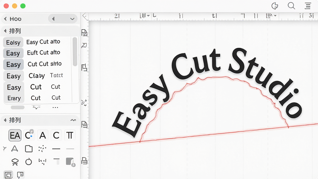 Easy Cut Studio文字排版界面特写,画布上显示弧形排列的艺术文字,文字下方有红色切割轮廓线,左侧面板展示字体选择与排列方式选项,界面清爽,色彩柔和,细节精致,高清画质,无多余元素