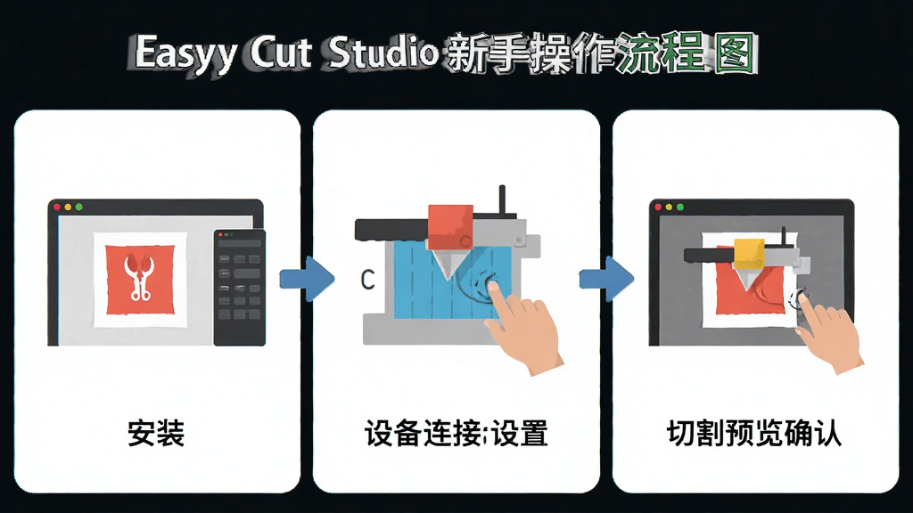 Easy Cut Studio新手操作流程图解,画面分为三个区域分别展示安装界面、设备连接设置、切割预览确认,每个区域配有简洁图标和文字标注,风格扁平化信息图,色彩明快,布局清晰,画面干净,高清画质