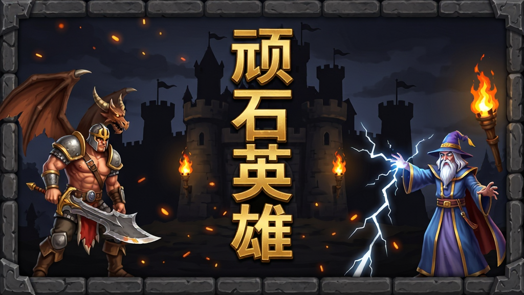 画面主体为一款复古传奇类手游的登录界面,画面中央竖排展示金色大字“顽石英雄”,背景是暗色调的沙巴克城堡剪影与燃烧的火把,左侧站立手持屠龙的战士,右侧是施展雷电的法师,布局采用居中对称排版,风格为经典复古传奇游戏宣传海报,细节上包含石质纹理边框与飘落的火星粒子,画质高清,干净,无多余元素