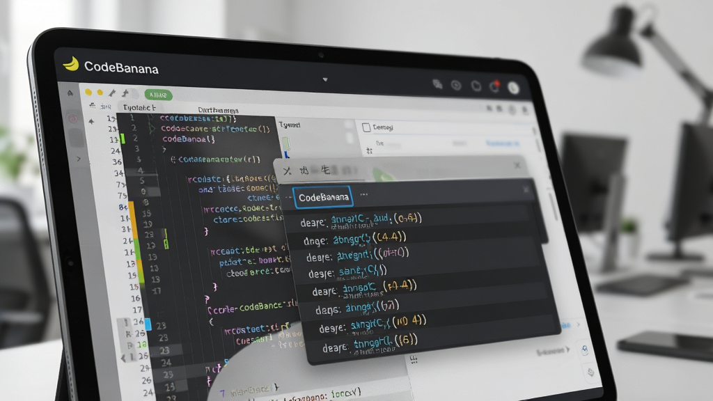 һ��չʾ CodeBanana ���������ܲ�ȫ���ܵĳ���ͼ������Ϊƽ�������Ļ��д����Ļ����ʾ����༭���棬���λ�õ������ܲ�ȫ�����򣬲�ȫ�б���������������������ʾ���������Ͻ���\