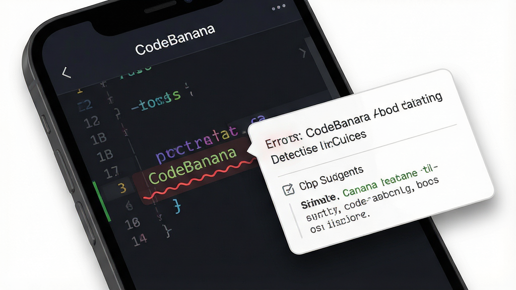 һ��չʾ CodeBanana ʵʱ�����⹦�ܵĽ���ͼ������Ϊ�ֻ���Ļ��д����Ļ����ʾ����༭���棬һ�д����·��к�ɫ�����߱�ע���Աߵ����޸����鸡�㣬�����ڰ�������˵�����޸�ʾ�������涥����\
